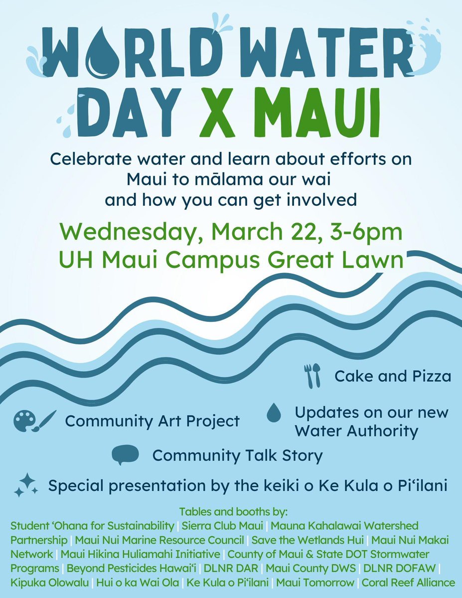 The UHMC Student ʻOhana for Sustainability &amp; Sierra Club Maui are co-presenting this event in celebration of #WorldWaterDay2023 on March 22nd, 3pm - 6pm. We will be there to share information about our efforts to mālama our wai - please join us!