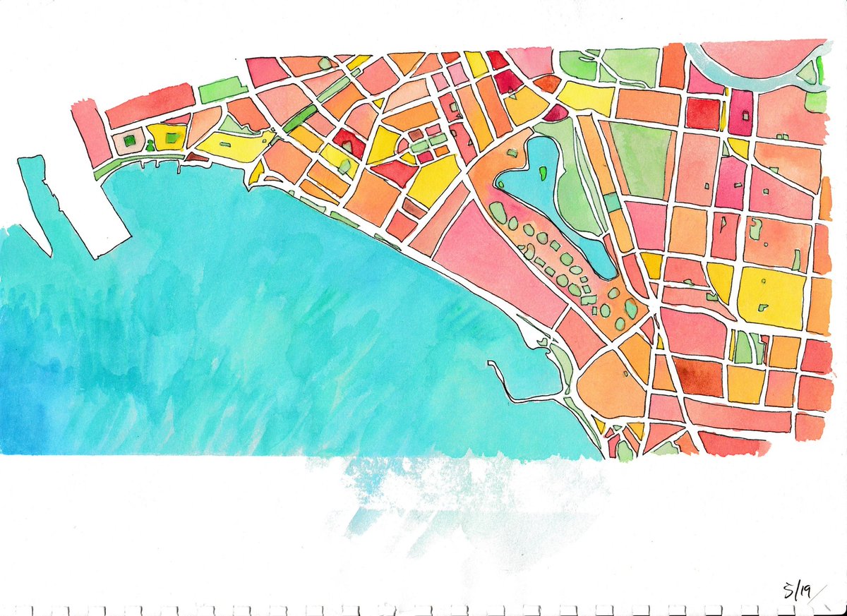 An early one, but still one of my favourites.. even if I didn't know much about paint or how dodgy paper would eat a paint brush.. there's something very inviting about this map, the wonky lines and warm colours are where it's at!⁠
⁠
Port Melbourne