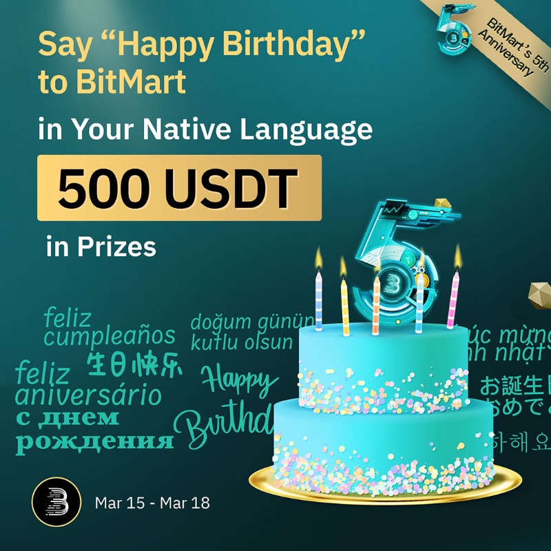 BitMartExchange's tweet photo. #BitMart is turning 5 today! Send us birthday wishes to share 500 USDT🎂

1⃣Follow us, quote RT with a creative pic/video, say "Happy Birthday BitMart" in your native language &amp; tag 3 friends
2⃣Sign up: https://t.co/e1Z81sLY1Y
3⃣Complete: https://t.co/9IfHCSSpEc

#BitMartHi5