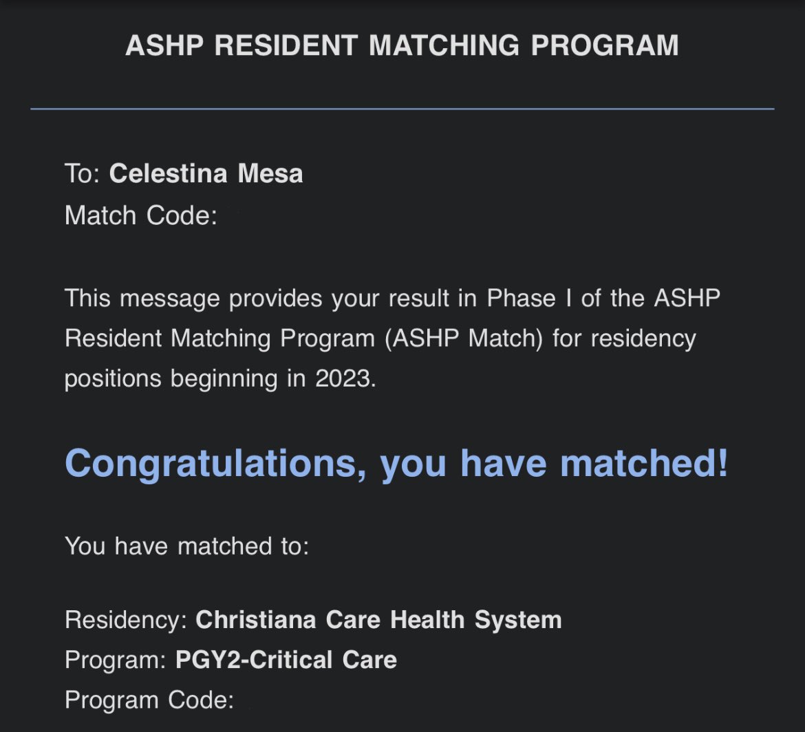 Thrilled to announce my match! Super excited to continue my journey and ready for round 2. I’m going to be a critical care pharmacist!! #TwitteRx #RxMatch2023 #RxMatchDay