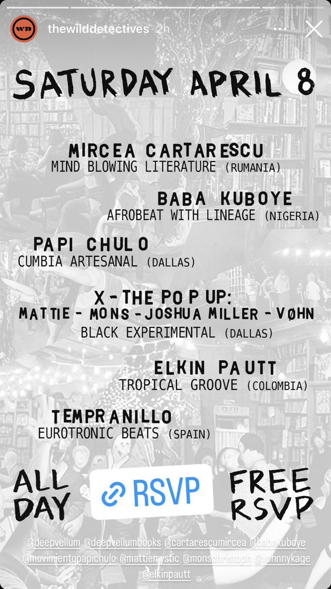 April 8th, join me to celebrate 10 years of @DeepVellum & 9 years of @WildDetectives w/ an all day celebration, w/ Mircea Cartarescu & Sean Cotter alongside an international slate of musicians, food vendors, & tables from #literarydallas book artists! @deepvellumbooks