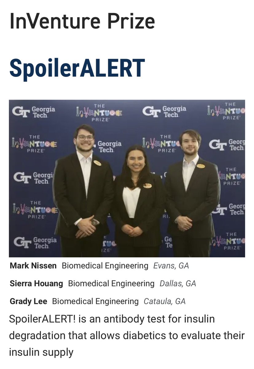 ChuckGilliland's tweet photo. So proud of this team and their hard work to develop a quick, affordable test for insulin integrity! Watch their finalist presentation live tonight on GPB https://t.co/gPVR8CRAYl. #inventureprize2023 #JDRF #GCMI
@harold_solomon @ZachBercuMD @angiowoman https://t.co/DrWJGJJoX2
