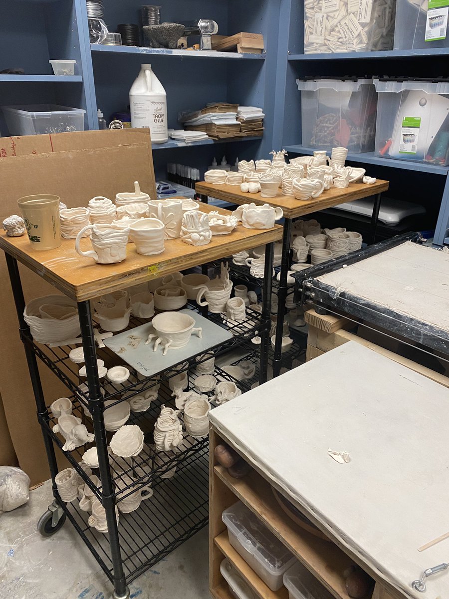 art_mvms's tweet photo. Final firing of the coil pot madness.  Decided to do one more small run with the last of the questionable works. Three runs in all.  Spring break is the best time to do this. https://t.co/k1XVogd7wB