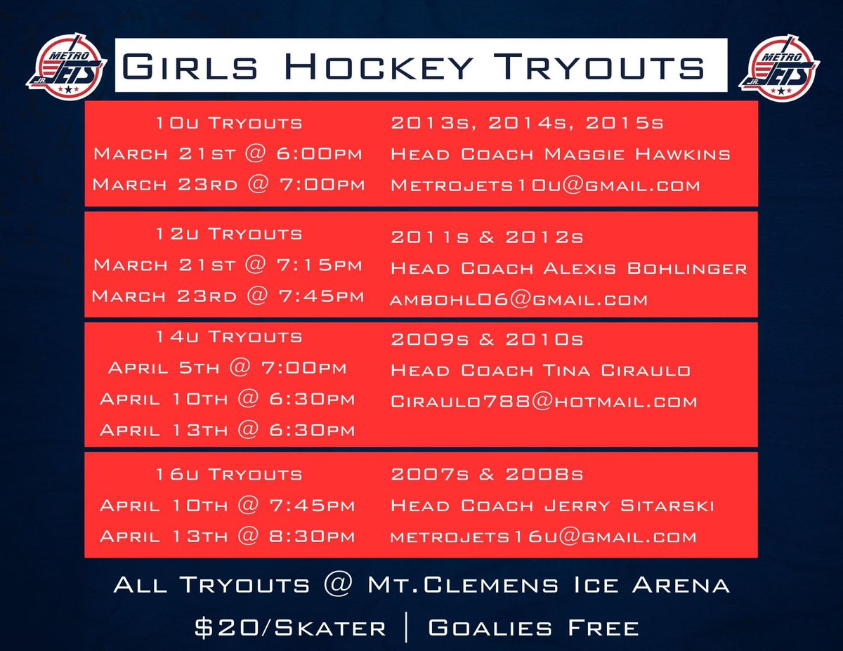 Here is a comprehensive list of all of the Jr. Jets girls teams’ tryout dates and times! 

Pre-register by using the links listed below.

10U: forms.gle/zTmkzbbHGAaEWu…

12U: forms.gle/7JZSgsXkaGXrRy…

14U: forms.gle/mB9D2LEufhRAj6…

16U: forms.gle/KbSpvrwxjNNXAK…