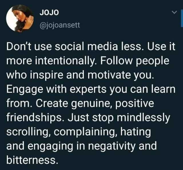 MrsJay_SAV's tweet photo. Social media was designed to help people connect and reconnect. WE are responsible for what we allow into our space, even on our phones. #takeyourpowerback https://t.co/VJ0hGcR66V