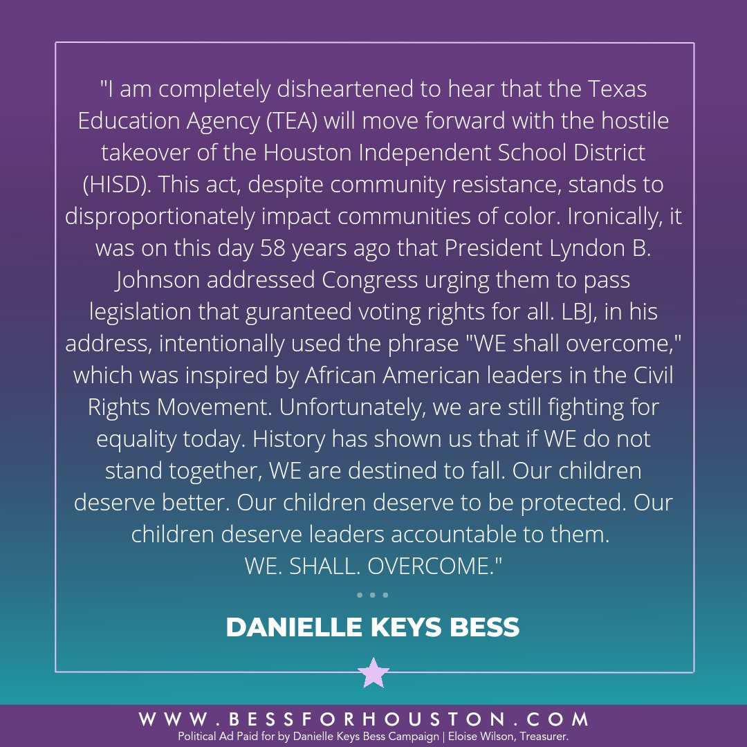 W E . S H A L L . O V E R C O M E
.
#Bess4Houston #HISD #TEA #Education #ProtectChildren #HelpChildren #TEATakeover #Equality #Community #Collaboration