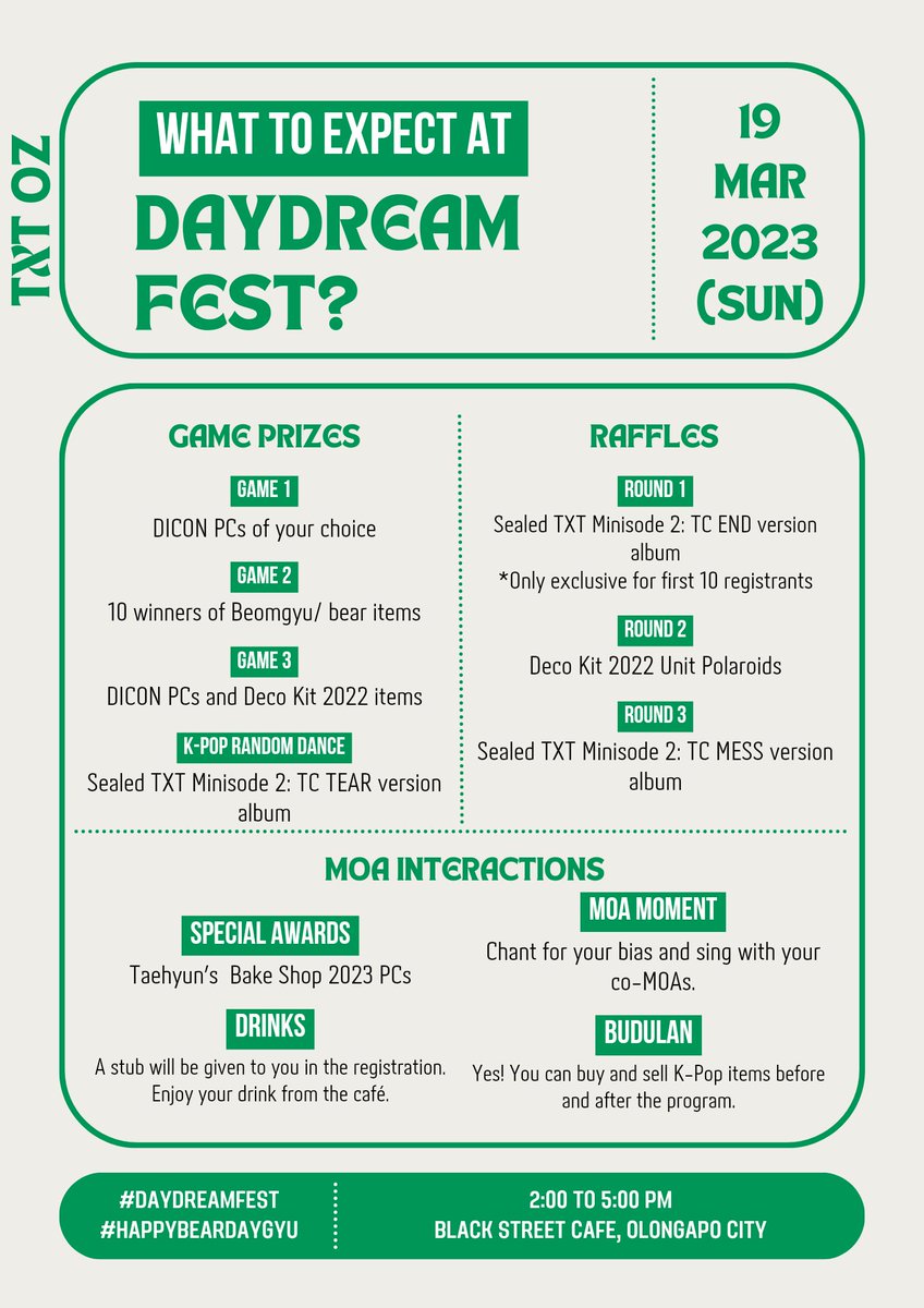 TXT_Zambales's tweet photo. You still have 3 days to convince your MOA friends to attend 

🍃DAYDREAM FEST🦋,

a TXT's 4th anniversary and Beomgyu's birthday cupsleeve celebration 🧸

Registration Form:
https://t.co/cpiUcYO8gT

Fee: P250.00 (includes kit &amp; drink)

#DaydreamFest #HappyBEARdayGyu #TXTOZ https://t.co/LNnMKkRP6B