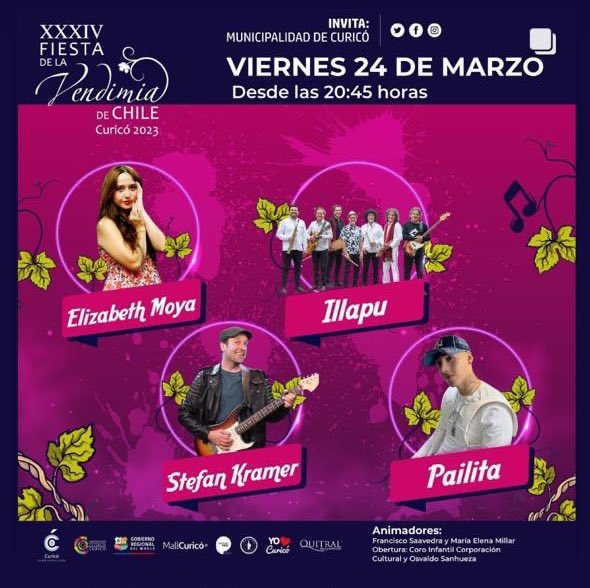 cgajardop's tweet photo. Se viene la mejor fiesta de la Vendimia no de Chile, del mundo! Realmente un fin de semana completo con muchas actividades en Curicó. Y cada noche un show. Este año estarán S Kramer, Bombo Fica, Illapu, Pailita, Cami, entre otros. 23 al 26 de marzo.👇🏽 https://t.co/BxTwQWmg7I