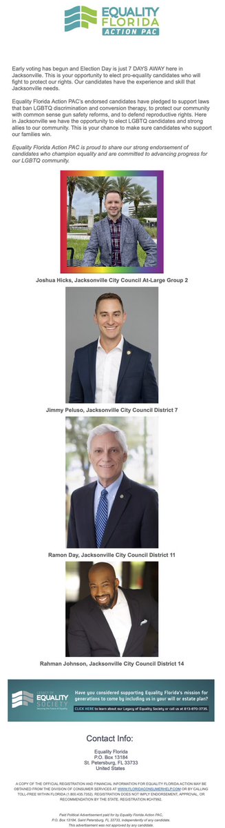JimmyMidyette's tweet photo. It’s been a rough week for LGBTQ people in Florida. The legislative session is toxic & hurtful after only 3 days.
I’m thankful, though, that @EQFL_ActionPAC recently made endorsements in our #jaxpol city elections.
These candidates deserve our votes! #jaxhro #jaxlgbtq #ilovejax https://t.co/tWbzxHV4cB
