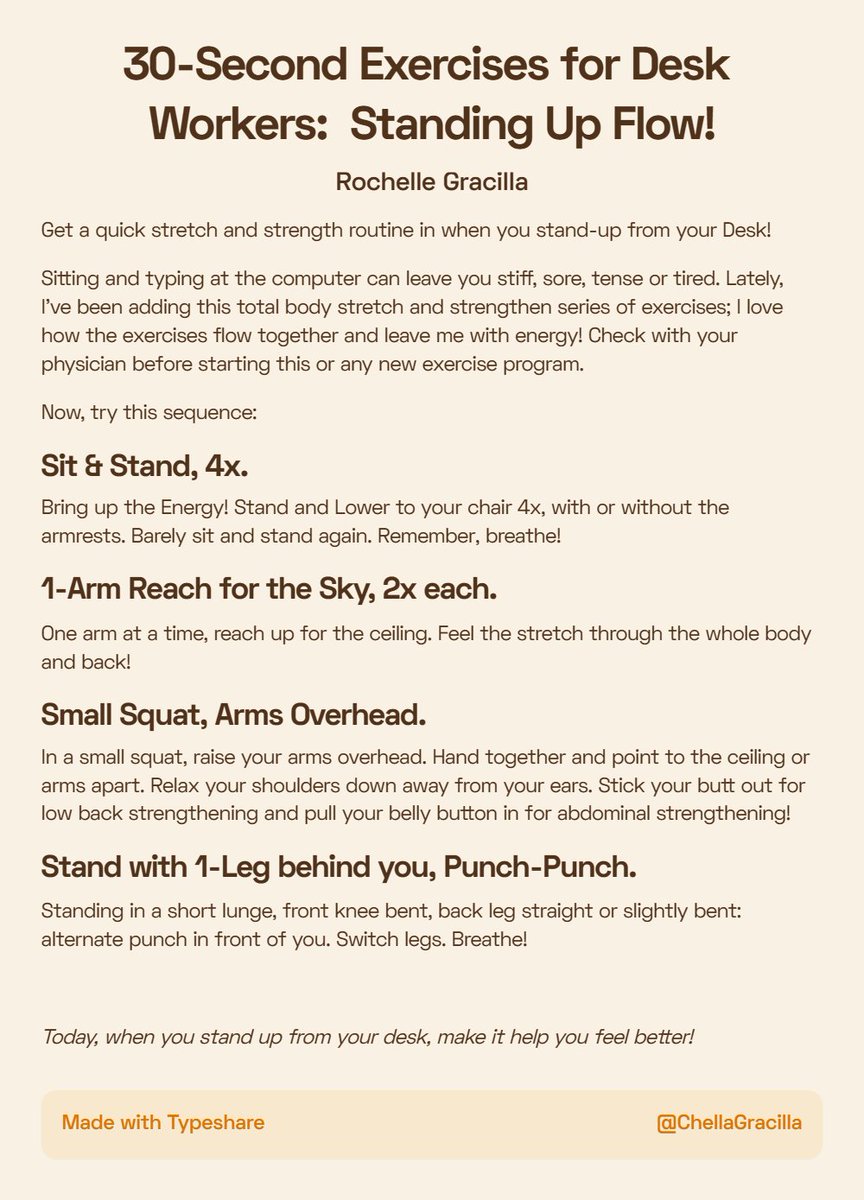 ChellaGracilla's tweet photo. Take a break from your desk work and do this quick standing flow!  Feel better now.
#Ship30for30  #Exercises #DeskWorkers https://t.co/MBJtbmiPbo