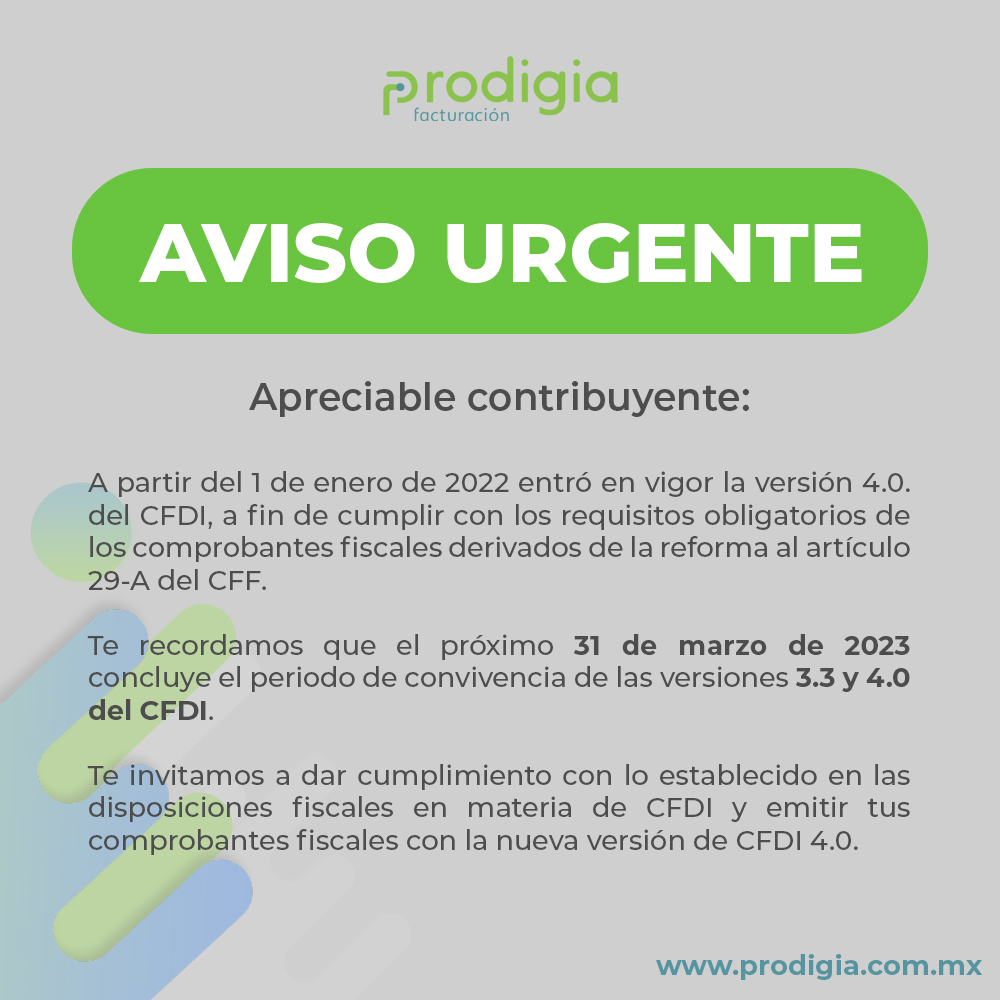 ProdigiaMx's tweet photo. ✅ Contamos con ambiente de pruebas para la versión 4.0 del CFDI📄Pregunta por él ¡Actualízate ya! 

Comunícate con nosotros:
📩 contacto@prodigia.com.mx 
📱 WhatsApp: 6624707411 
💻 https://t.co/9bTddAwwVY 
#FacturaElectronica #Factura #Prodigia https://t.co/JQTOl6LAmY