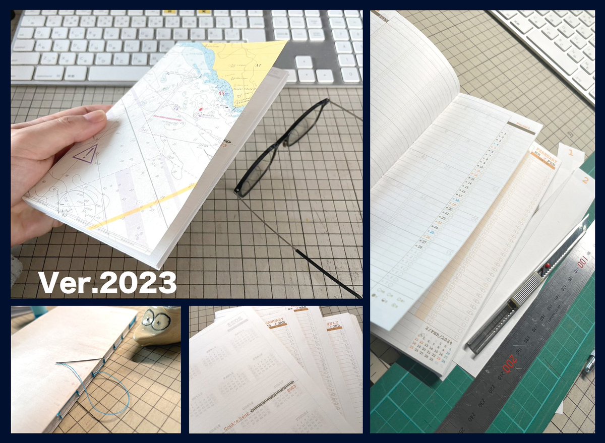 thag25's tweet photo. 2023年版の自作手帳が完成！
一昨年ぐらい前から老眼鏡が無いと細かい工作ができなくなってきた・・・。　

#自作手帳 
#手帳
#綴じ手帳 https://t.co/BFw4T3OWzo