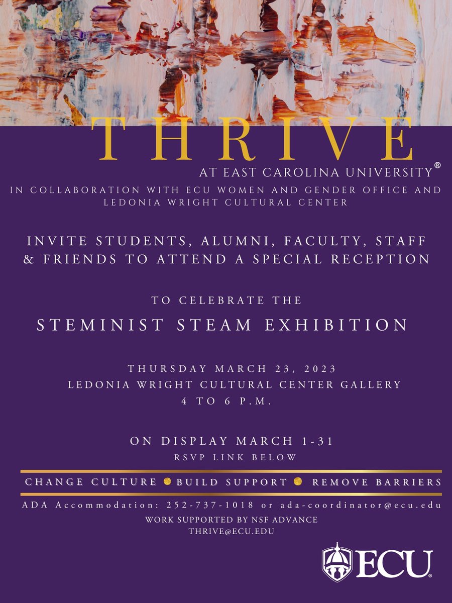 EcuThrive's tweet photo. Make sure you join us for the STEMinist STEAM Exhibition reception highlighting Women's scholarly excellence in STEM! The event will be held at the Ledonia Wright Cultural Center Gallery on March 23rd. 
More details below! 
Registration: https://t.co/qAGhuG7aMc https://t.co/2INhi06QPI
