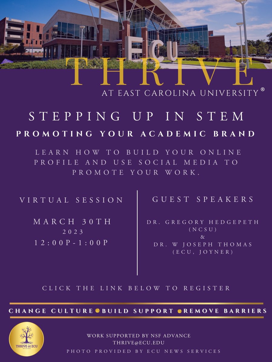 EcuThrive's tweet photo. THRIVE at ECU is holding their next Stepping Up In STEM event on March 30th featuring two amazing guest speakers! The focus will be on promoting your academic brand! The event will be held virtually from 12:00p - 1:00p.
Registration: https://t.co/AXAPJvAcuL
#STEM https://t.co/nXvux1otnl