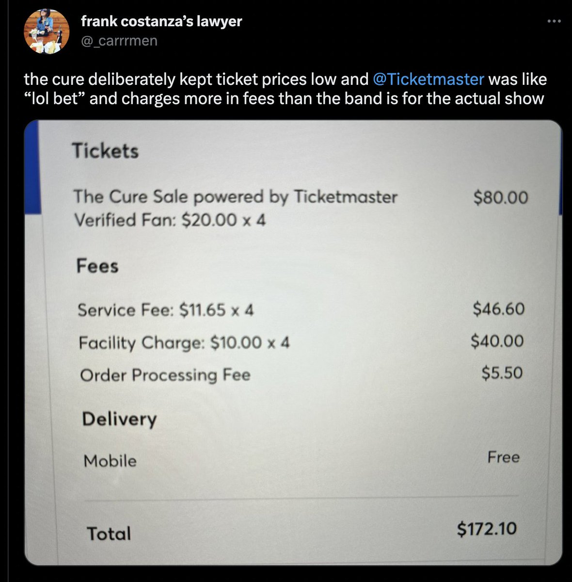 mbaileytalks's tweet image. .@Ticketmaster strikes again. This time charging more in #junkfees than @thecure are charging for their actual tickets. Unforgivable. @JudiciaryDems please take ACTION NOW against this monopolistic and selfish company. @themusicuni screenshot: @_carrrmen #Ticketmaster