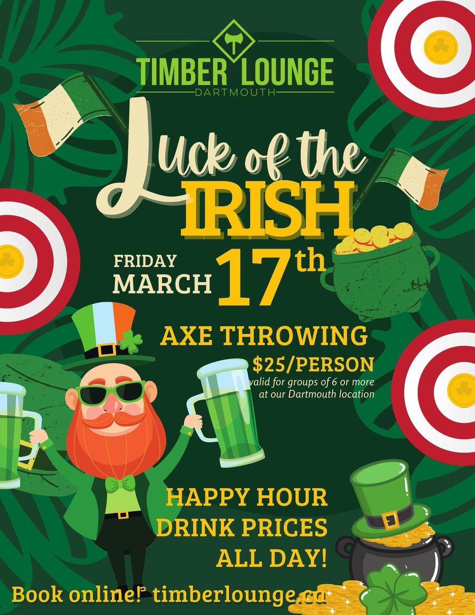 timberloungeaxe's tweet photo. Celebrating #stpaddysday in downtown Dartmouth? Why not kick things off with some axe throwing! $25/person throwing and happy hour drink prices all day! ☘️🎯 book online today! #LuckoftheIrish #axethrowing @halifaxnoise @newscotlandbrew https://t.co/bsNm1DhbLO