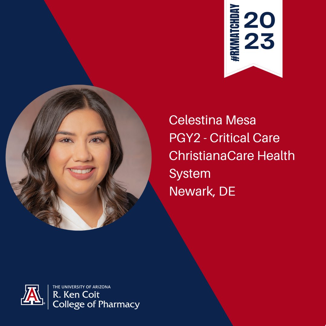 UAZPharmacy's tweet photo. Celestina Mesa matched with @christianacare in Newark, DE for her PGY2!
"I am most excited about practicing in a variety of ICUs to become a well-rounded critical care pharmacist."
#RXMATCHDAY2023 https://t.co/Kbjht5nsFx