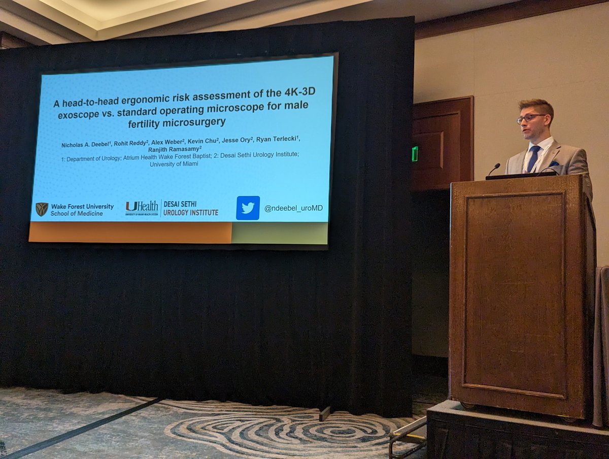 Engaging 'double feature' by @wakeurology PGY4 @ndeebel_uroMD:
1) Optimization of sperm retrieval for microdissection testicular sperm extraction
2) Assessment of 4K-3D operating microscope ergonomics 

#SESAUA23