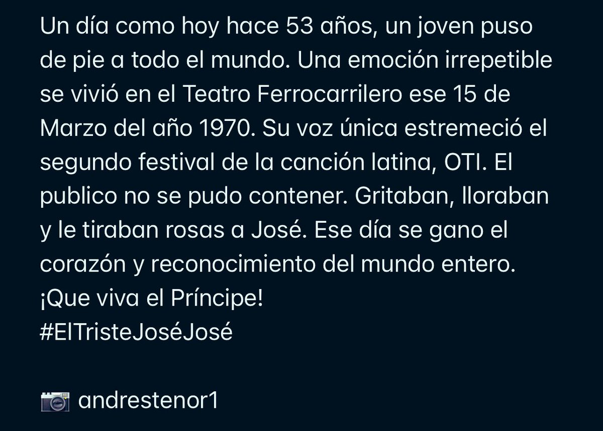Hoy hace 53 años, José José se gano el corazón y reconocimiento del mundo entero. 
¡Que viva el Príncipe! 
#ElTristeJoséJosé 

📷 andrestenor1
