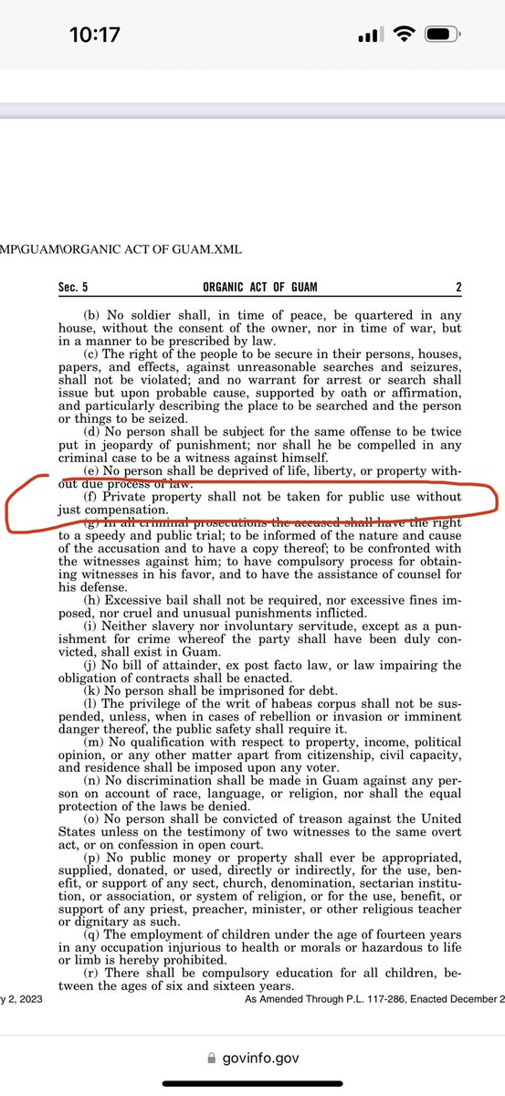 Godsplan671's tweet photo. It’s even in the Organic Act of Guam. “Private property shall not be taken for public use without just compensation” https://t.co/chAYLWg71L