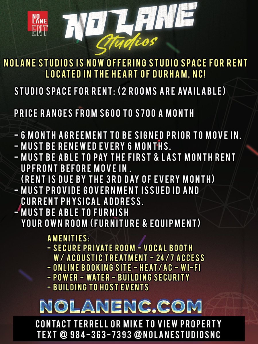 NoLane_RoyalT's tweet photo. Just 1 More Room Left For Rent Available!! NoLane Studios Is Offering Studio Space For Rent Located In The Heart Of Durham, NC!
Any Creative or Person Looking To Start Your Own Business We Have Office Space Available. DM Me #Durham #nc #spaceforrent #officespace #studio https://t.co/HkNt7fgfQT