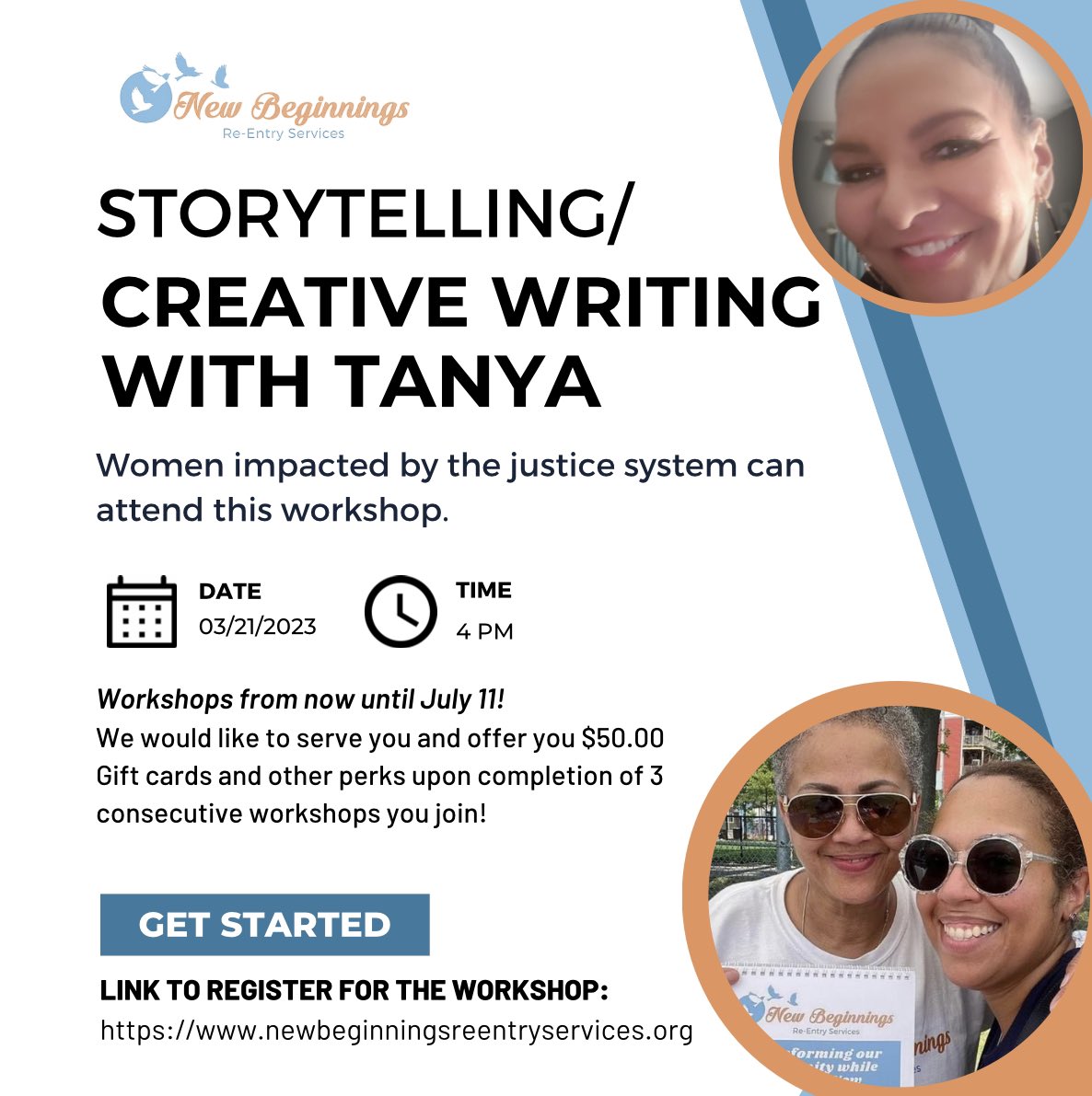 ReentryNew's tweet photo. Ladies, register to attend the next Storytelling/Creative Writing Workshop on 3/21 @ 4 PM. $50 Gift cards &amp; other perks will be offered! #WomenEmpowerment #ReentryHouse #Fomerlyincarceratedwomen Visit https://t.co/5RlDSbDl6v to signup. @bordens20 @Ruthzee @RepChynahTyler @PLSMA https://t.co/c8kSbA0xjo