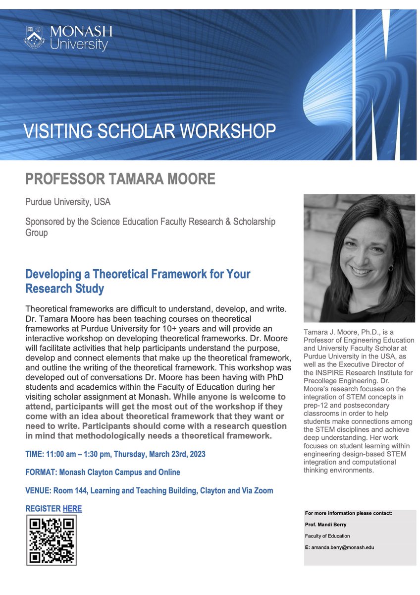 jingloveslife's tweet photo. Hey, dear colleagues who wish to sharpen your expertise in developing #theoreticalframeworks, come on join us! ๐คฉ
Register via link or QR code below. ๐
@SERG_Monash visiting scholar Tamara Moore is just fabulous~๐ฅฐ
Please spread the words~๐ @merc_education @MonashEducation https://t.co/AhuixFdrsD