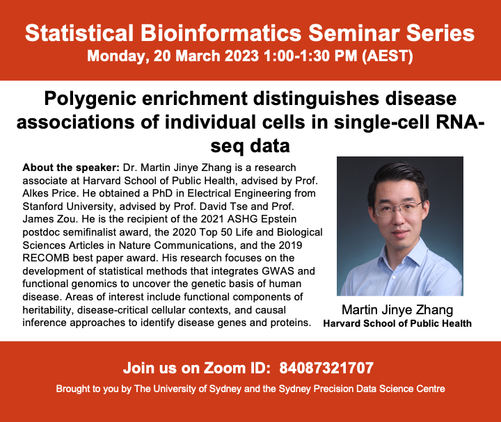 Sydney Precision Data Science Centre (@sydneybioinfo) on Twitter photo Next Monday, we are thrilled to have <a href="/martinjzhang/">Martin Jinye Zhang</a> discuss the benefits of using scDRS. It can identify subpopulations of disease-associated cells not captured by existing cell-type labels, providing insight into schizophrenia and inflammatory bowel disease. Join us on Zoom! Next Monday, we are thrilled to have <a href="/martinjzhang/">Martin Jinye Zhang</a> discuss the benefits of using scDRS. It can identify subpopulations of disease-associated cells not captured by existing cell-type labels, providing insight into schizophrenia and inflammatory bowel disease. Join us on Zoom!