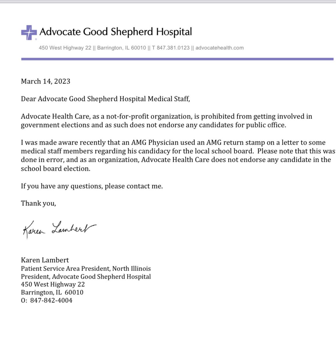 D220Insider's tweet photo. Barry's partisan politics keep getting in the way of him being a pediatrician. Dr. Altschuler wrote self addressed letters from @advocatehealth to all the Dr's in Barrington asking for their support for BOE.  The President had to send an error letter to cover for his blunder. https://t.co/g5gfFaxUO9