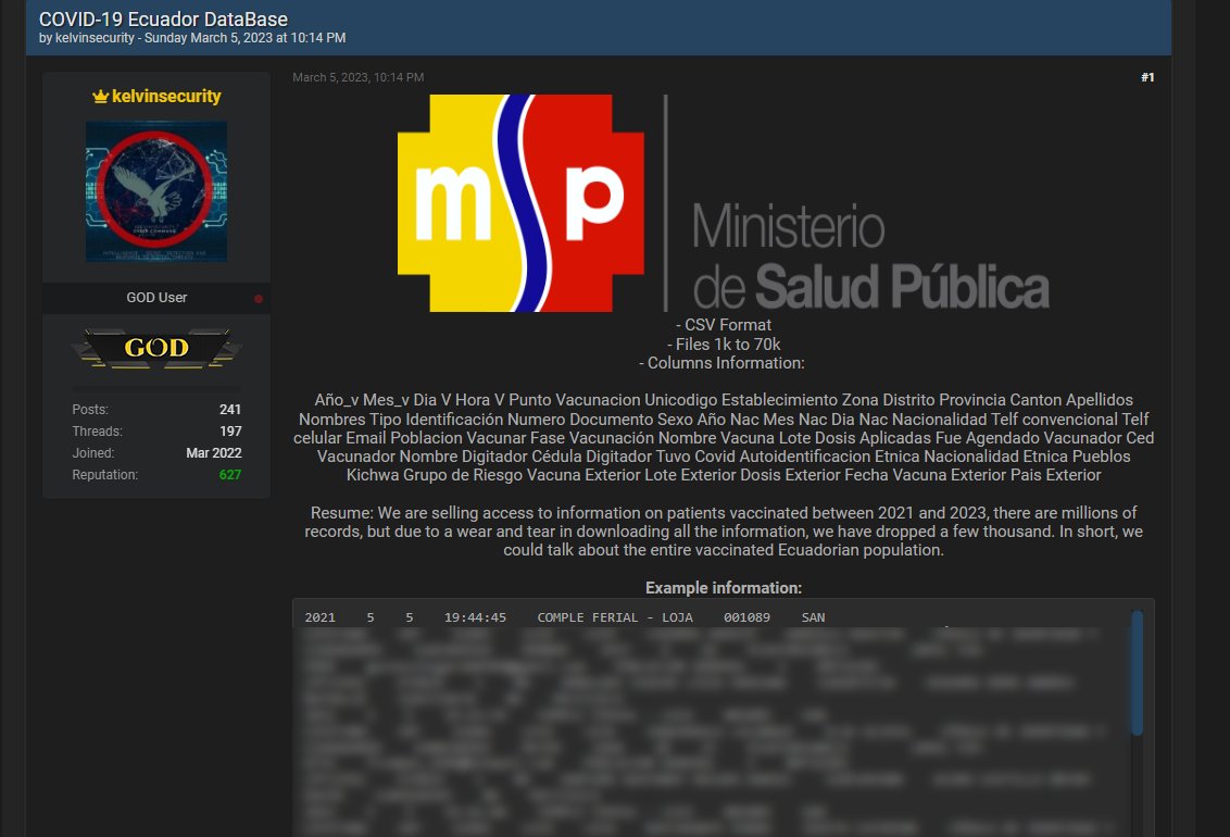 carlosoporto's tweet image. En un foro se está vendiendo toda la base de datos de vacunados del Ecuador 2021 al 2023. Cédula, nombre, lugar, sexo, fecha nacimiento, nacionalidad, teléfono, email, tipo de vacuna, dosis, vacunador, digitador, si tuvo Covid. Básicamente toda la población vacunada y sus datos.