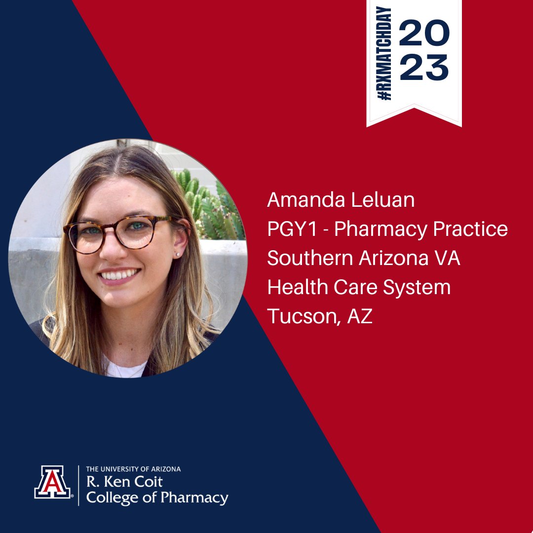 UAZPharmacy's tweet photo. For #RXMATCHDAY2023, Amanda Leluan matched with the @TucsonVA!
"I am excited to continue my clinical development in an environment where pharmacists have an advanced and supportive role in patient care while serving a population most deserving!" https://t.co/Yl0NbblGUg