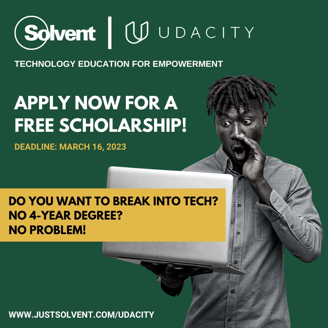 justsolvent's tweet photo. Deadline is tomorrow 3/16 at 11:59 PM EST! 

Apply now for the @udacity @OneTen/@BITnonprofit Scholarship Program for free technology training. 

https://t.co/7dFwK662AC

#Solvent #TheFutureIsFreedom #Udacity #OneTen #BIT #BlacksInTechnologyFoundstion https://t.co/nDwZMVPfwo