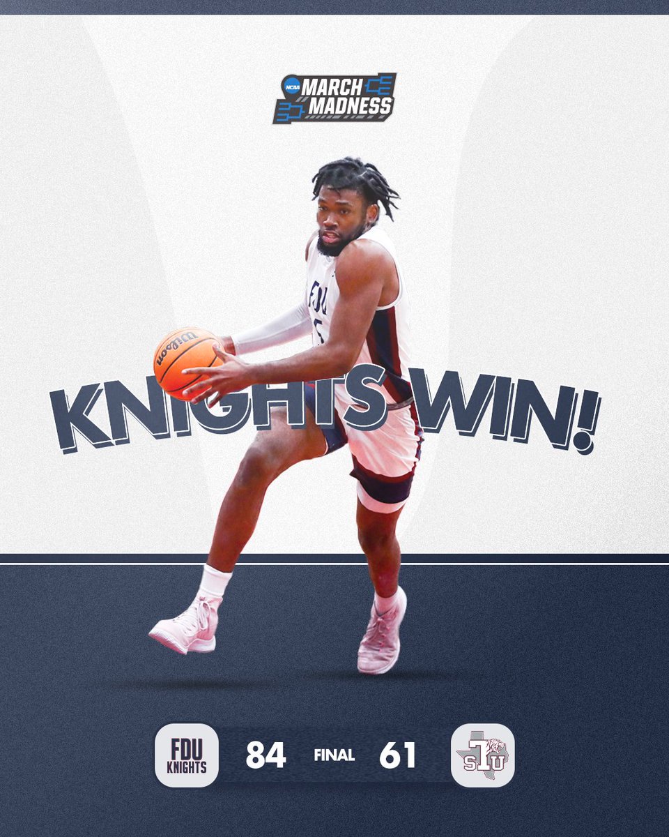 FDUKnightsMBB's tweet image. FINAL | 𝗗𝗼𝗻'𝘁 𝘀𝘁𝗼𝗽 𝘁𝗵𝗲 𝗺𝘂𝘀𝗶𝗰! 

The Knights are still dancing and will face #1 Purdue on Friday in the First Round of the NCAA tournament!

#reigKNIGHTed | @MarchMadnessMBB