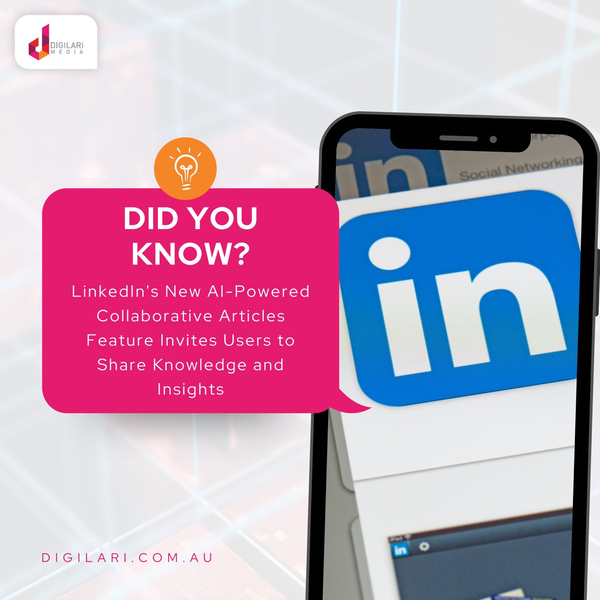 Digilari's tweet image. LinkedIn&apos;s new AI-powered collaborative articles feature is a great way for marketers to share knowledge and insights, and get creative. 

#digilari #digilarimedia #LinkedInCollaborativeArticles #AIpoweredContent #MarketingTips #LinkedInsights #ProfessionalNetworking #Australia