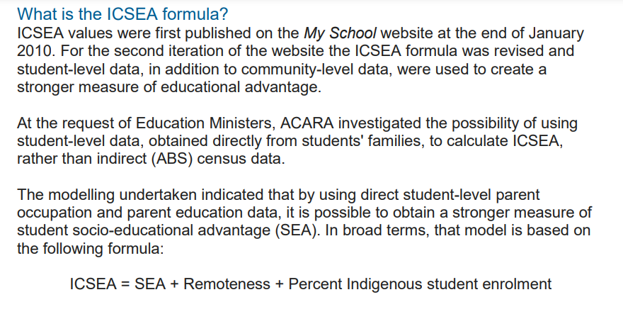 mic_epstein's tweet photo. Each school in Australia has an ICSEA ranking. It stands for Index of Community Socio-Educational Advantage.

But did you know one of the 3 factors behind how this is calculated is 'Percent indigenous student enrolment'? How does that make sense? https://t.co/rq2DeWIkVR