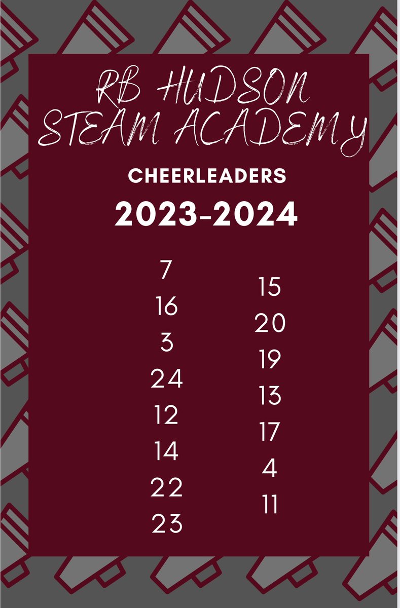 Congratulations to R.B. Hudson's 2023-2024 cheerleaders! #TeamHudson #HandsOnMindsOnFullSTEAMAhead