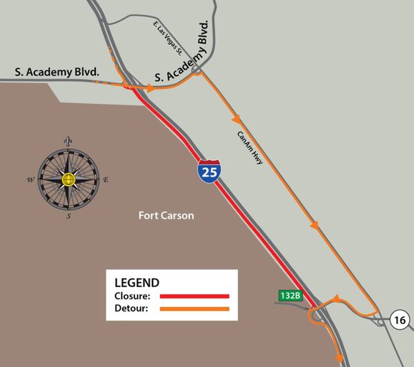KOAARobQuirk's tweet image. #TRAFFICALERT @CDOT SB I-25 at South Academy Boulevard near #FtCarson. Road will be closed on Thursday PM, March 16, to install an overhead sign structure. There also will be nightly lane closures for shoulder work Sunday, March 12 through March 15 on I-25.