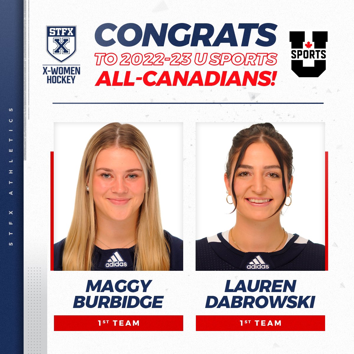 StFXAthletics's tweet photo. Congratulations to X-Women Hockey’s Maggy Burbidge and Lauren Dabrowski on receiving @USPORTSca 1st Team All-Canadian honours for the 2022-23 season! #goxgo https://t.co/8JmQOJ14RS