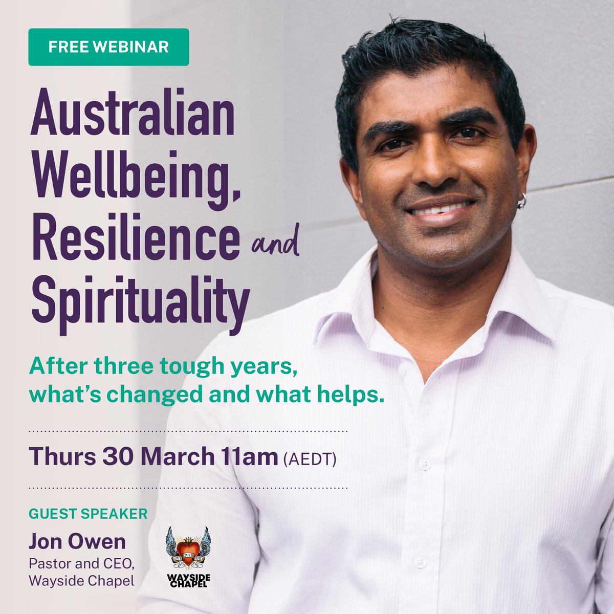 NCLSResearch's tweet photo. 2 weeks to go!

We're looking forward to hearing from guest speaker Jon Owen, CEO and Pastor of @Wayside1964  at our upcoming webinar on Australian Wellbeing, Resilience and Spirituality.

Sign up for your free ticket here : https://t.co/ZOxqzL2Yas https://t.co/h0dkKv6yku