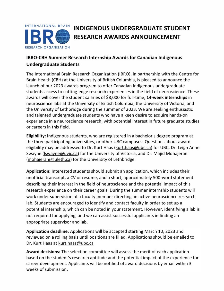Dr. Swayne (@dr_swayne) on Twitter photo New <a href="/IBROorg/">IBRO - International Brain Research Organization</a> Summer Research Internship Awards for Canadian Indigenous undergraduate students <a href="/DMCBrainHealth/">Djavad Mowafaghian Centre for Brain Health</a> <a href="/uvic/">UniversityOfVictoria</a> <a href="/uLethbridge/">ULethbridge</a> Spread the word!
<a href="/mohajerani77/">Majid Mohajerani</a> <a href="/kurthaas4/">Kurt Haas</a> <a href="/CAN_ACN/">CAN ACN</a> #neuroscience #research New <a href="/IBROorg/">IBRO - International Brain Research Organization</a> Summer Research Internship Awards for Canadian Indigenous undergraduate students <a href="/DMCBrainHealth/">Djavad Mowafaghian Centre for Brain Health</a> <a href="/uvic/">UniversityOfVictoria</a> <a href="/uLethbridge/">ULethbridge</a> Spread the word!
<a href="/mohajerani77/">Majid Mohajerani</a> <a href="/kurthaas4/">Kurt Haas</a> <a href="/CAN_ACN/">CAN ACN</a> #neuroscience #research