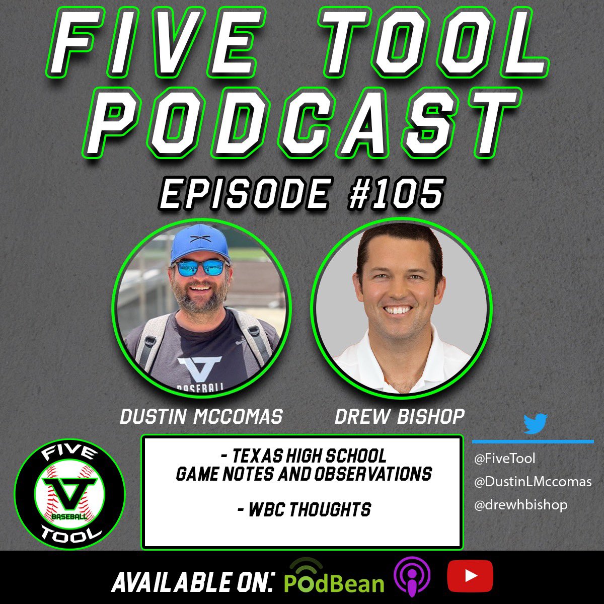 Episode 1️⃣0️⃣5️⃣ of the <a href="/FiveTool/">Five Tool Baseball</a> Podcast

With: <a href="/DustinLMcComas/">Dustin McComas</a> &amp; <a href="/drewhbishop/">Drew Bishop</a> 

Mentions:  <a href="/MaxStammel/">Max Stammel</a> <a href="/AcieHickman/">Acie Hickman</a> <a href="/ParkerKStephens/">Parker Stephens</a> <a href="/JakePryor17/">Jake Pryor</a> <a href="/_Sam_Webster_/">Sam Webster</a> + more! 

🤔Texas high school game notes, observations, and more; WBC thoughts

🎧LISTEN: fivetool.org/podcasts