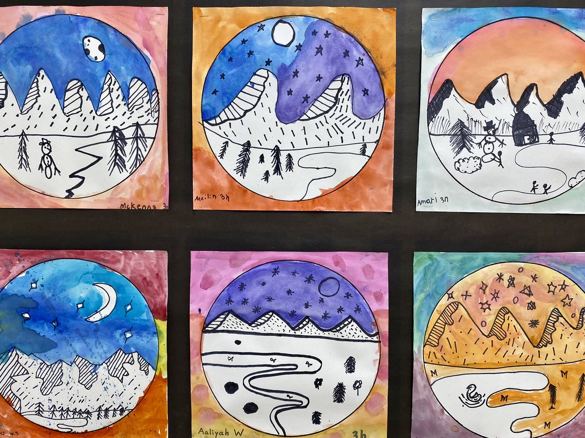 3rd Grade landscapes inspired by artist Jen Aranyi using warm and cool colors.