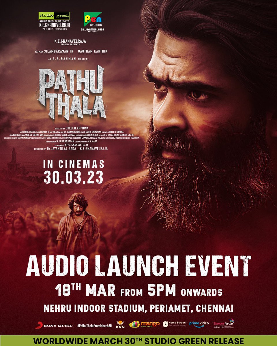 The Mega-Grand Audio Launch of #Atman <a href="/SilambarasanTR_/">Silambarasan TR</a> <a href="/Gautham_Karthik/">Gautham Ram Karthik</a> starrer #PathuThala is all set to get bigger! 

March 18 from 5PM onwards at Nehru Indoor Stadium Chennai.

An <a href="/arrahman/">A.R.Rahman</a> musical
🎬 <a href="/nameis_krishna/">Obeli.N.Krishna</a>
Produced by <a href="/jayantilalgada/">Dr. Jayantilal Gada (PEN)</a>  <a href="/kegvraja/">Gnanavelraja</a>