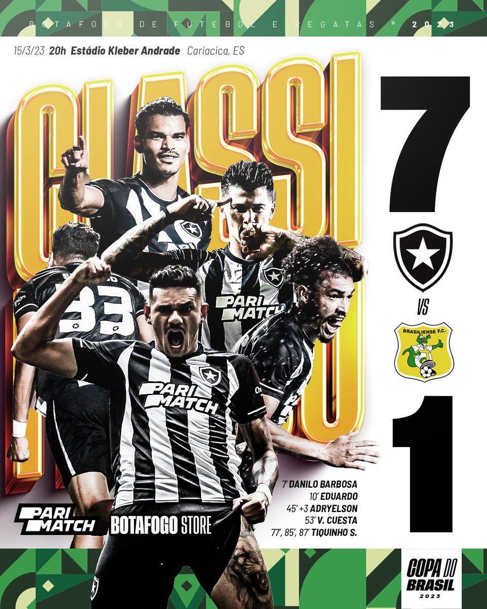 Botafogo's tweet photo. SETE É FOGO! 🔥7⃣

Fogão avança na Copa do Brasil com goleada sobre o Brasiliense. Tiquinho Soares (3), Danilo Barbosa, Eduardo, Victor Cuesta e Adryelson marcaram para o Glorioso. PRA CIMAAAA! 🚀⚽️ #VamosBOTAFOGO https://t.co/k0317UEcmI