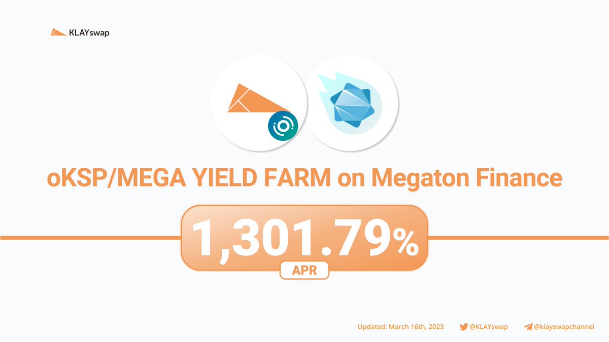 📢KLAYswap Magazine KSP Yield Farm is available on Megaton Finance! 👇Deposit $oKSP/$MEGA 1,300+% APR💰 megaton.fi/pool @KLAYswap @Megaton_Fi #DeFi #Pool #YieldFarming #DEX