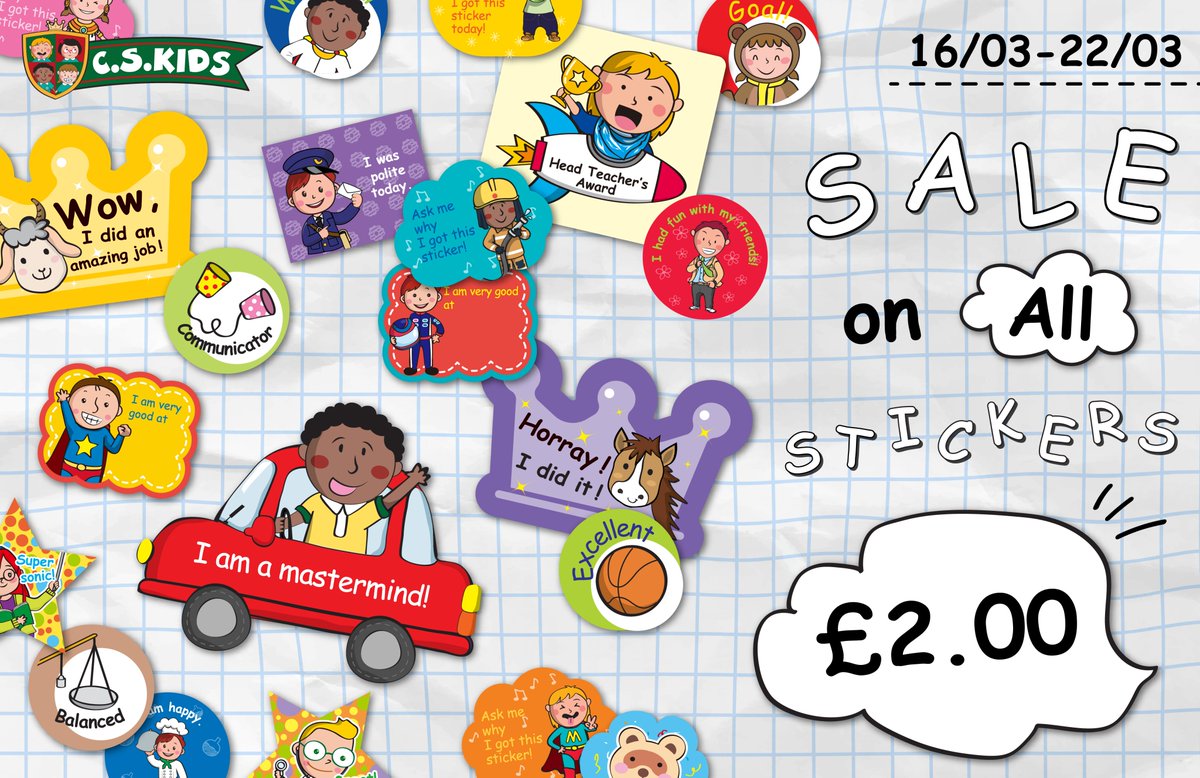 CSKidsLtd's tweet photo. 【⭐All Stickers - £2.00 NOW⭐】

C.S. Kids has a great selection of stickers to help you build students’ confidence, motivate them to work hard, reward their efforts and celebrate their achievements. Buy it NOW👉 https://t.co/vLEe1MyrA7

#PYP #EYFS #Reception #KS1 #KS2 #nursery https://t.co/kPwGpuCbTI