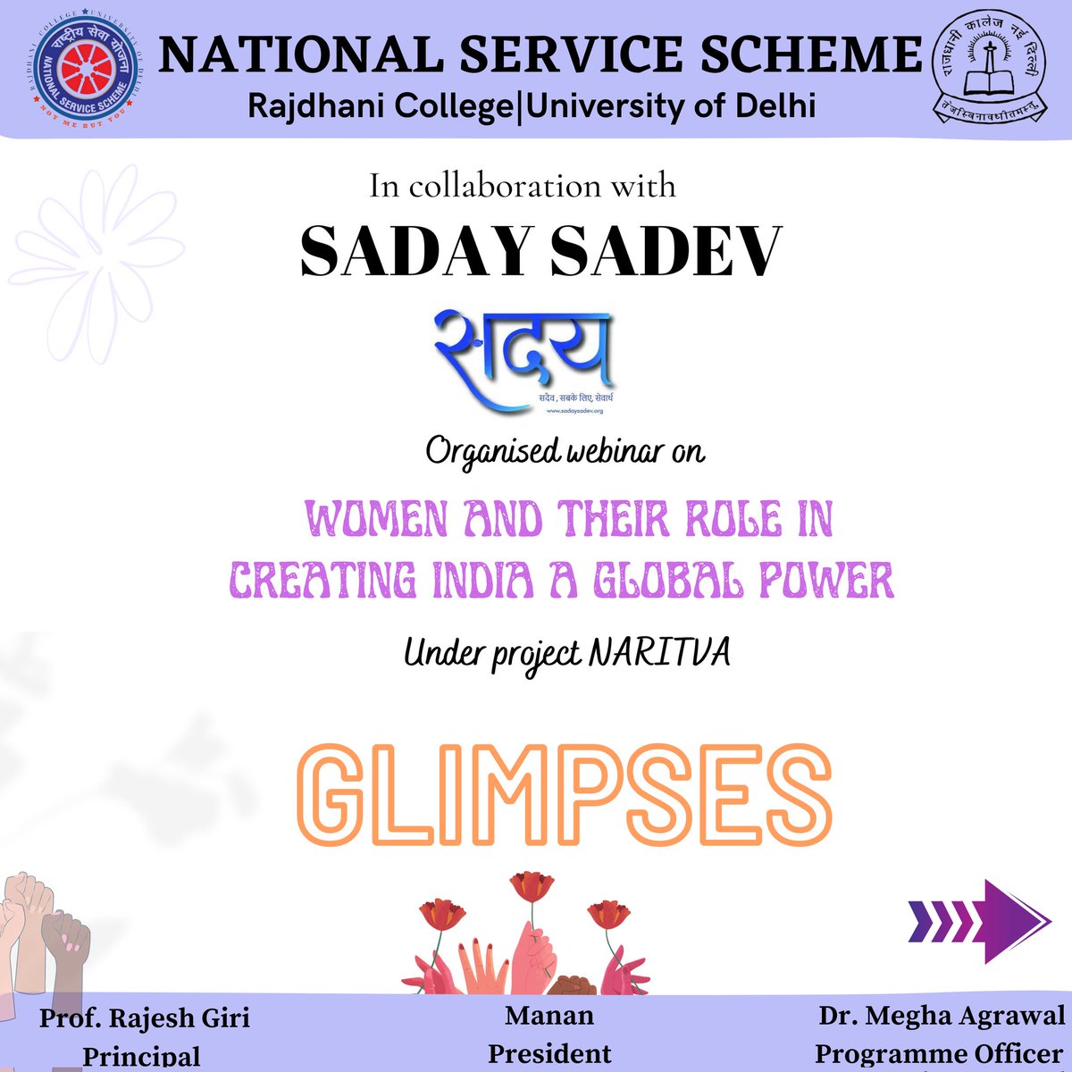 NSS_Rajdhani's tweet photo. @NSS_Rajdhani organised a Webinar in collaboration with  @Sadaysadev on   "Women and their role in Creating India a Global Power" at 13th March . Speaker Mr. Achal Kumar Prasad gave deep insights about the position of women in today's era . It was a great session. https://t.co/2g52iVntlU
