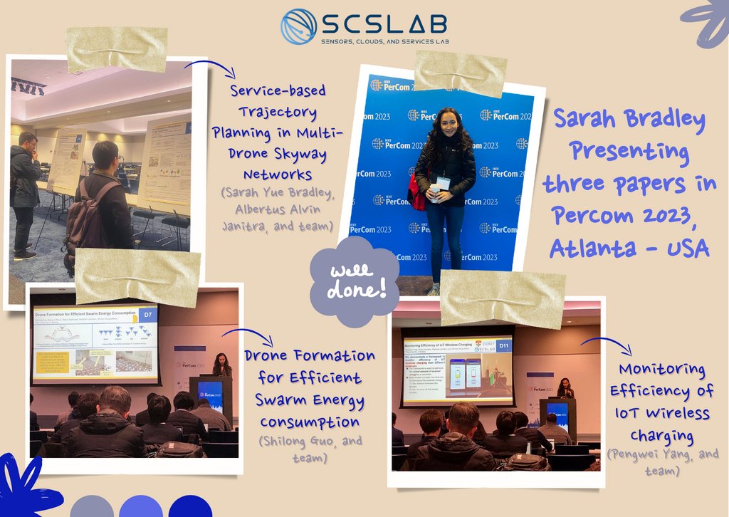 SCSLab's tweet image. Well Done to Sarah Bradley for presenting three papers in PerCom! 

🔵 Service-based Trajectory Planning...
🔹youtu.be/zEwqdtEmmiw

🔵 Drone Formation for Efficient Swarm... 
🔹youtu.be/NnucUWhUwLs

🔵 Monitoring Efficiency of IoT... 
🔹youtu.be/8cYG6jscivE

#PerCom