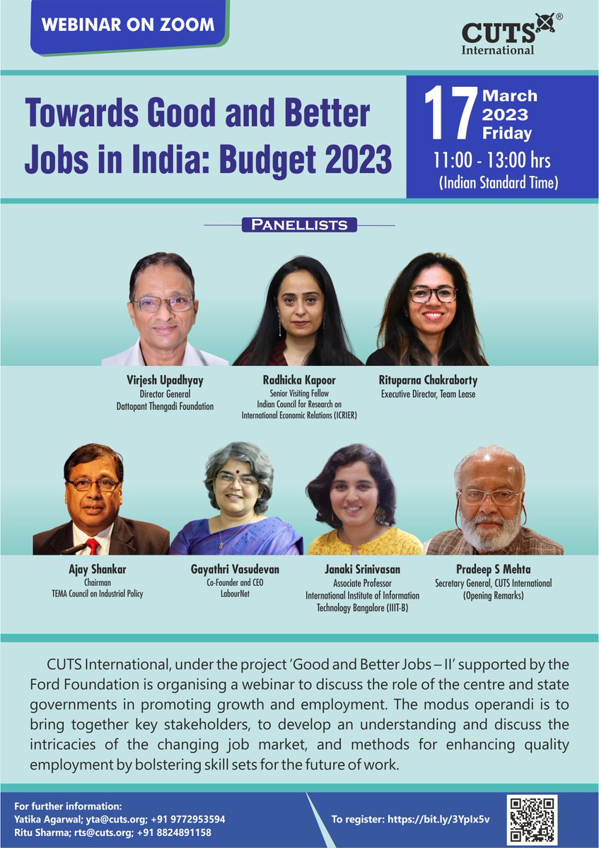 CUTS_growjobs's tweet photo. Tomorrow at 11:00 AM (IST): Towards #Good and #Better #Jobs: Budget 2023
Register at: https://t.co/xwYq9OWKae

@Psm_cuts @bc_cuts @Radhicka @ICRIER @vgayathri10 @labournet @virjeshupadhyay @IIITB_official @ritu205 @TeamLease https://t.co/PIS3CRZmOZ