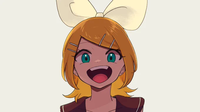稲実シキさんのリンちゃん!ぱっと大きく口をあけて笑う姿が元気いっぱいで可愛いホー!(*^▽^*)【】 #piapro #鏡音リン 